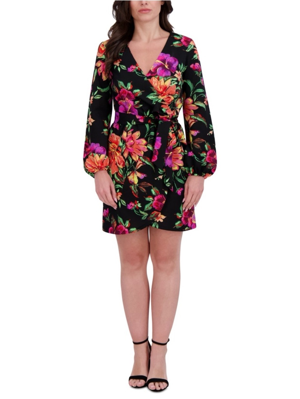 Siena Black Floral Print Surplice Mini Dress Size 6 NWT Wrap - Picture 4 of 7